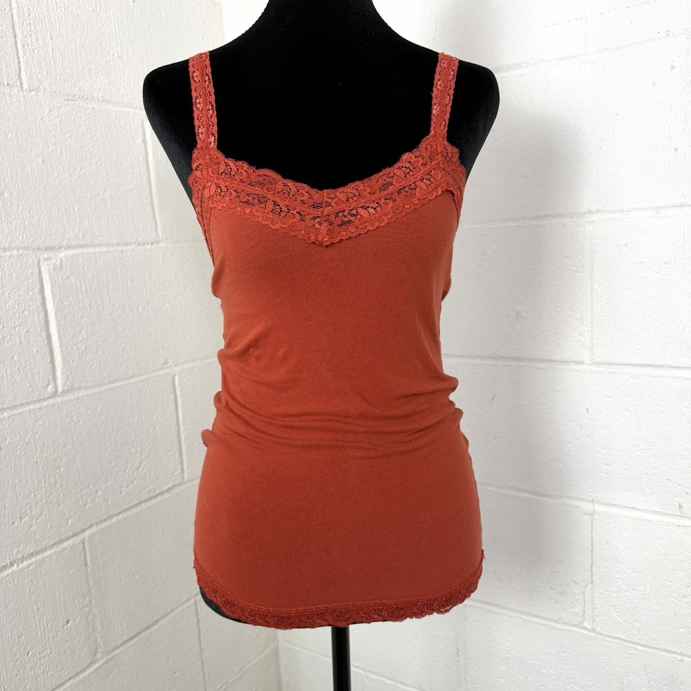 VTG Wet Seal Ribbed Cami Orange Stretch Y2K Lace Trim Preppy Dainty Layers SZ M